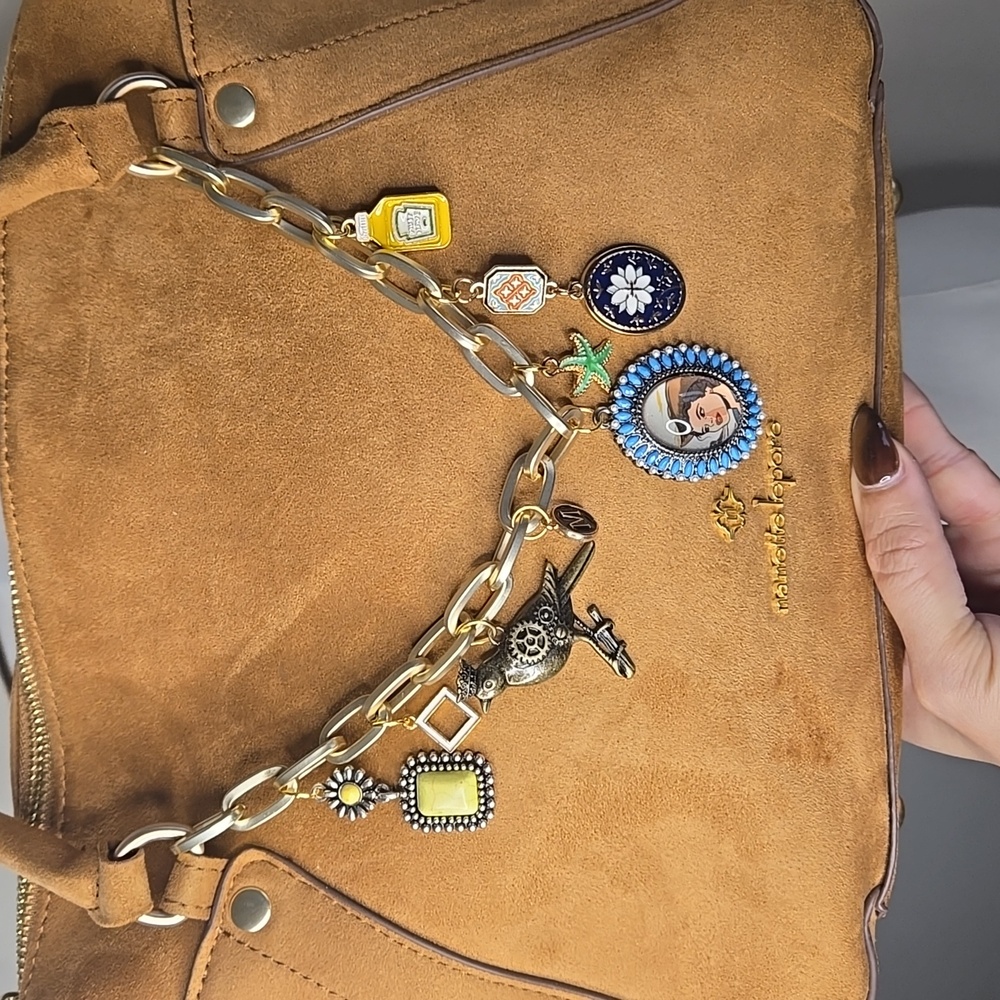 Nanette Lepore Tan Suede Purse Gold Accents Bag Charms Removable Strap Western - Picture 3 of 8